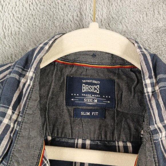BASICS Men's Plaid Shirt (not flannel) Long Sleeve Navy Blue Size M Slim Fit - Picture 5 of 12